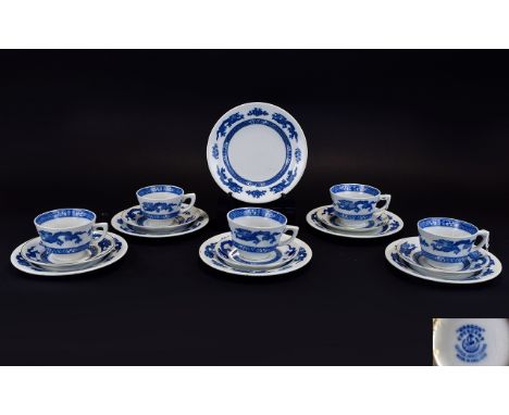 George Jones & Sons Blue and White ( 16 ) Piece Part Tea Service ' Dragon ' Pattern. Comprises 5 Trios + 1 Saucer ( 2 ) of Sa