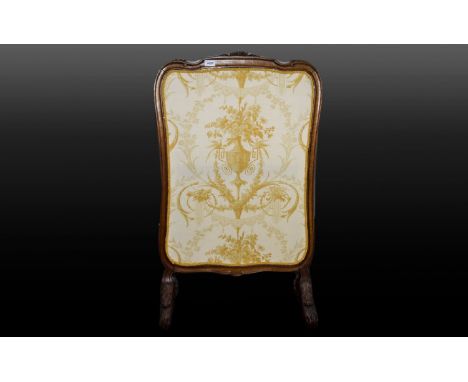 Reproduction Carved Fire Screen Vintage fire screen in ovoid form with central cream jacquard panel. Carved surround and carv
