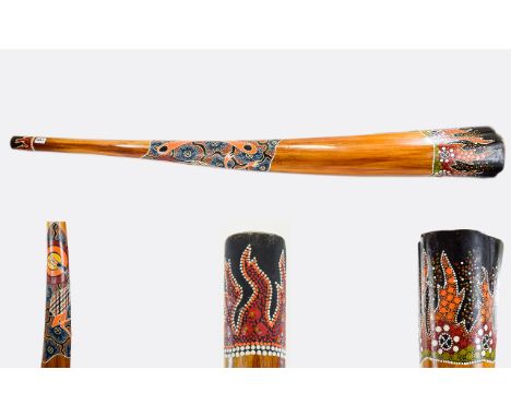 A Large Didgeridoo Traditional Australian instrument crafted from Eucalyptus wood decorated throughout with Indigenous artwor