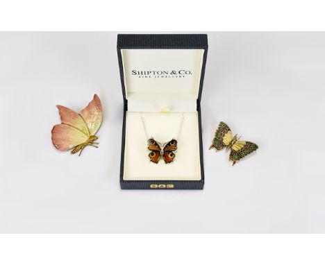 A Silver And Enamel Butterfly Necklace Brand new boxed necklace by Shipton & Co Fine Jewellery, in the form of a peacock butt