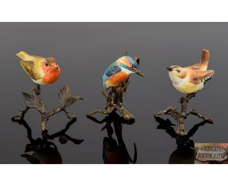 Albany Worcester Fine Quality Miniature Hand Painted Porcelain Bird Figures - on Bronze Twigs & Branches ( 3 ) Comprises 1/ R