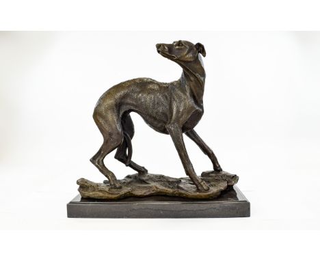 A Contemporary Good Quality Large and Impressive Bronze Sculpture / Figure of a Greyhound - Standing Position. Raised on a Re