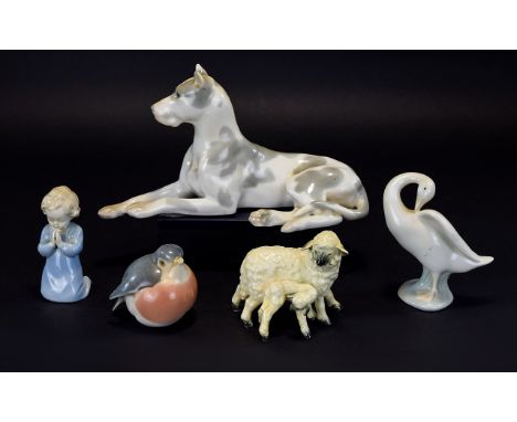 A Collection of Various Ceramic Figures From Different Factories ( 5 ) In Total. Comprises 1/ Lladro Swan. 2/ Royal Copenhage