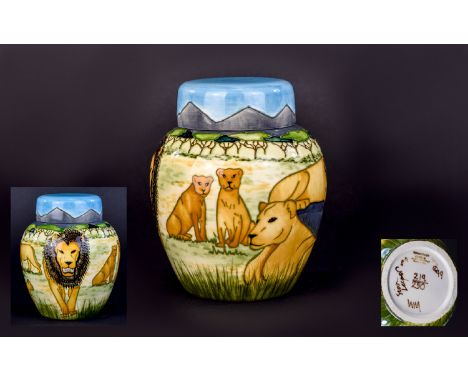 Moorcroft Superb Quality - Signed Ltd and Numbered Edition Lidded Ginger Jar ' Pride of Lions ' Designer Sian Leeper. Date 20