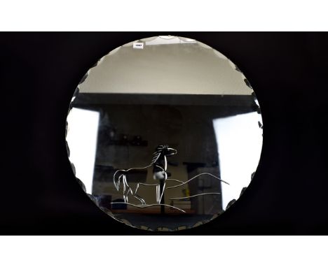 A Large Vintage Circular Mirror Decorative Bevelled glass mirror with etched edges and horse detail to centre. Very good cond