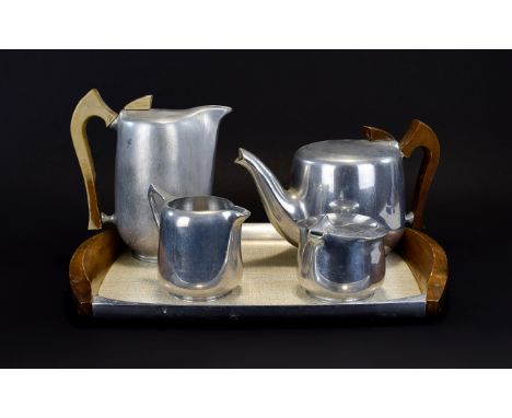 A Mid Century Picquot Ware Tea and Coffee Service With Matching Tray. Vintage silver tone tea and coffee pot, sugar bowl and 