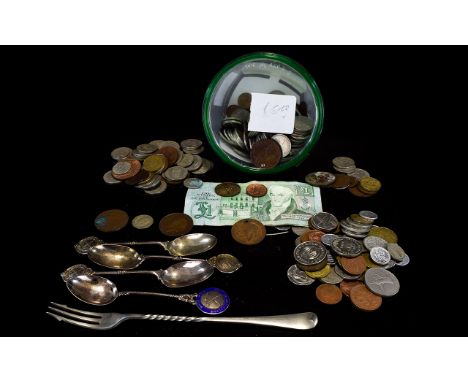 Small Collection of Low Value Coins, and silver spoons and pickle fork