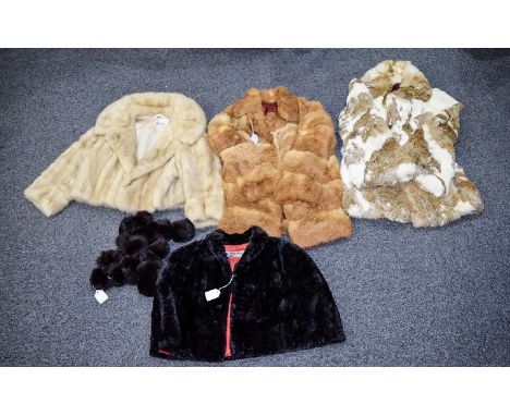A Collection Of Vintage Fur Jackets Five items in total to include small shoulder cape with red lining, mottled rabbit fur cr