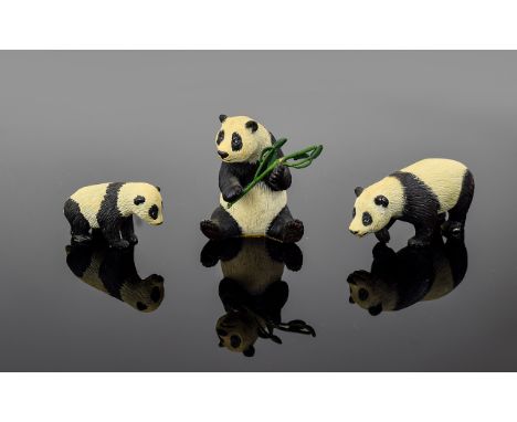 A Good Collection of Vintage Miniature Cold Painted Metal Figures - Panda Bears ( 3 ) In Total. Heights 2 Inches & Length 2.5