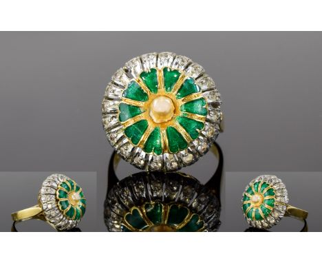 18ct Gold Set Diamond and Enamel Cluster Ring with Central Rotating Circular Enamel and Gold Section, Surrounded by Diamonds.