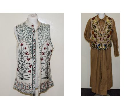 A Vintage Monsoon Cotton Maxi Dress And Two Embroidered Waistcoats 1980's long smocked cotton poplin shirtdress in pale biscu