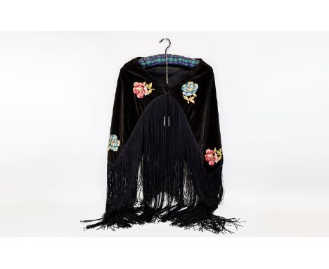 A Vintage Embroidered Velvet Shawl Small shoulder wrap in black velvet with long black fringing detail and hand embroidered f