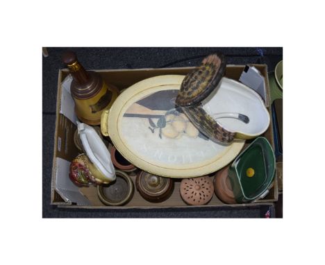 A Collection of Earthenware Cannisters. Approximately 18 items in total to include printed rustic style serving tray, several