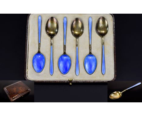 A Fine Set of Six Silver and Enamel Teaspoons. Boxed. Hallmark Birmingham 1929, Maker William Suckling. Excellent Condition. 