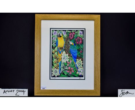 Moorcroft Interest Original Artwork/Design Watercolour by Sian Leeper 'Ararauna' design. Wonderful colours. Dated and signed 