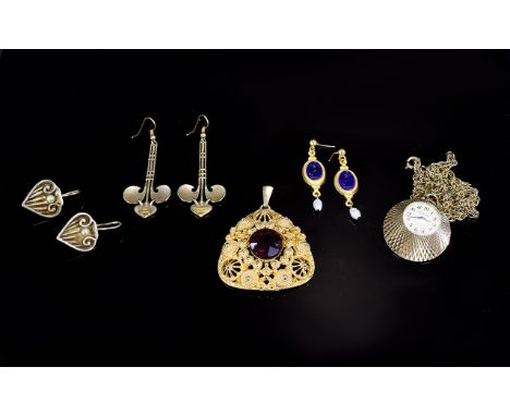 A Collection Of Gold Tone Vintage Costume Jewellery Five items in total to include West German statement pendant with central