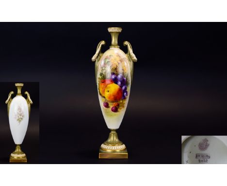 Royal Worcester Hand Painted Twin Handle Vase ' Fallen Fruit ' Stillife. Signed Ricketts. Shape No 2452, Date 1906. Height 11