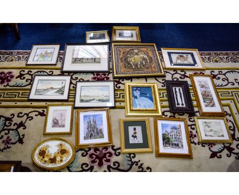 A Large Collection Of Framed Prints And Watercolours Approx 15 items in total to include embroidered Balinese panel, oval dec