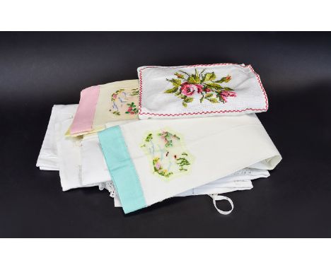 A Collection Of Vintage Embroidered Linen A small and varied collection to include crochet detail nightclothes case, cross st