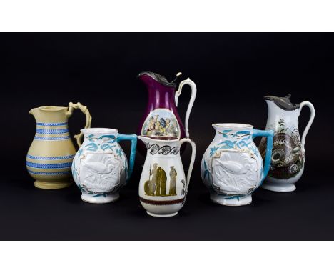 A Good Collection of Victorian Period Ceramic Jugs. Various Factories ( 6 ) Six In Total. Includes a Stourbridge Art Pottery 