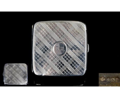 Art Deco Period Bright Cut Silver Cigarette Case with Gilt Interior of Square Form. Hallmark Birmingham 1926. 104 grams. Size