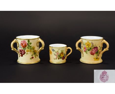 Royal Worcester Blush Ivory - Pair of 3 Handle Cups, Decorated with Painted Images of Spring Flowers, Gold Gilt Borders and H