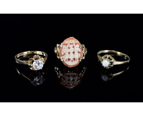 Three 9ct Gold Dress Rings, Set With A CZ, Opal And Cameo