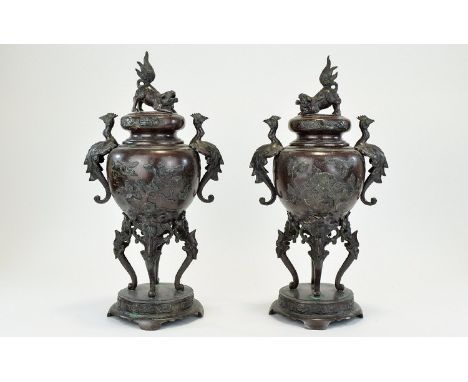 Japanese 19th Century Large and Impressive True Pair of Elaborate Bronze Censers, Decorated with Foo-Dogs Figures to Top of C