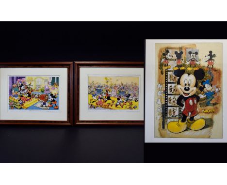 Disney Interest A Collection Of Mickey Mouse Framed Artwork Three items in total to include large Poster in contemporary blac