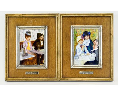 A Pair Of Decorative Vintage Painted Plaques Each mounted on solid wood frame with silver tone raised mount, the first after 