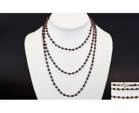 Antique Period - White Metal Attractive and Long Chain, Set with Garnets and Seed Beads Spacers, The Whole Being a Very Attra