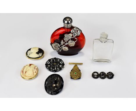 A Small Collection Of Vintage Cameo Brooches And Decorative Perfume Bottles Eight items in total to include three cameo brooc