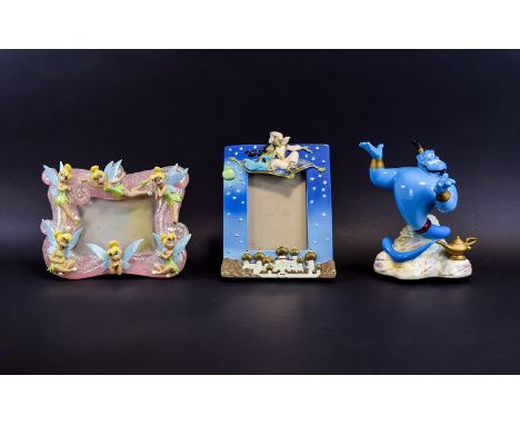 Disney Aladdin Memorabilia. Includes Aladdin Photo Frame & Schmid Musical Ceramic Genie with Lamp Music Box - Which Plays ' A