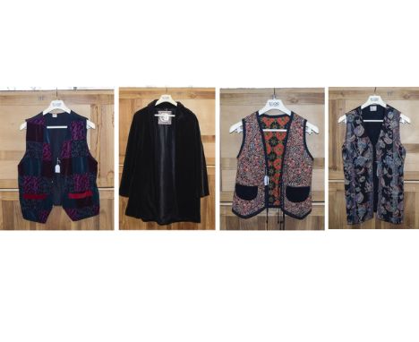 A Collection Of Vintage Waistcoats And Velvet Duster Coat Four items in total to include hand embroidered and quilted reversi