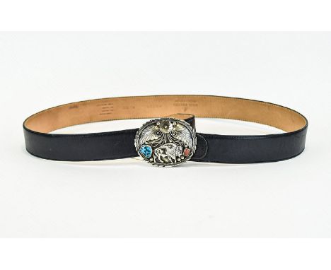 Leather And Silver Navajo Inspired Belt By Angels Infantes Contemporary Spanish black leather belt with oval decorative buckl