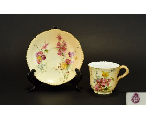 Royal Worcester Blush Ivory Cup and Saucer. Both Decorated with Painted Images of Spring Flowers ( Wild ) Gold Gilt Borders. 