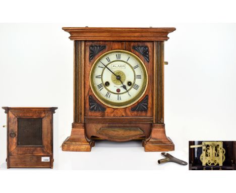 Arts and Crafts Oak Cased Mantel Clock with Alarm Facility. Complete with Key. c.1890 - 1900. Working Order. 11.75 Inches Hig