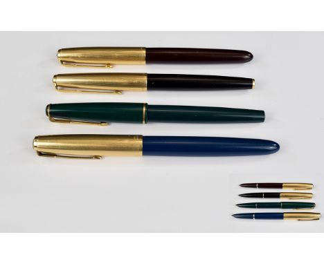 A Very Good Collection of Vintage Parker Pen Co Fountain Pens ( 4 ) Four In Total. Comprises 1/ Parker 17 Green Colour way Fo