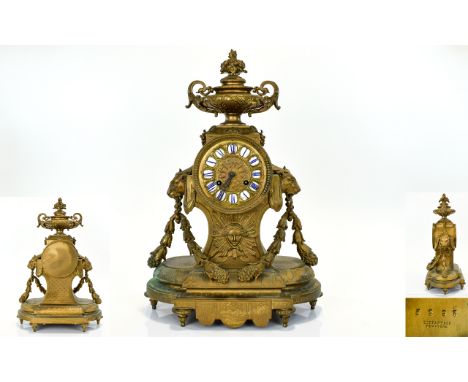 Tiffany & Co New York Antique Late 19th Century Twin Lion Mask Handle Gilt Metal Mantel Clock with 8 Day Movement, Striking H