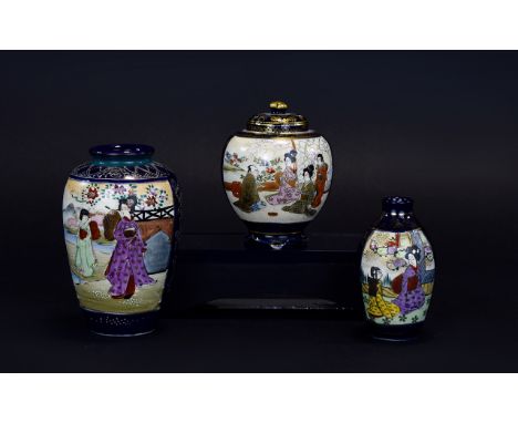 Japanese Early 20th Century Satsuma Small Vases ( 3 ) Three In Total. Decorated with Painted Enamel Figures In a Domestic and