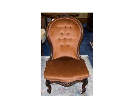 Victorian Walnut Spoon Back Ladies Chair, carved back rest and short cabriole legs on ceramic castors