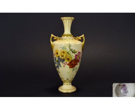 Royal Worcester Blush Ivory Twin Handle Vase, Decorated with Painted Images of Spring Flowers, Gold Gilt Handles and Borders.