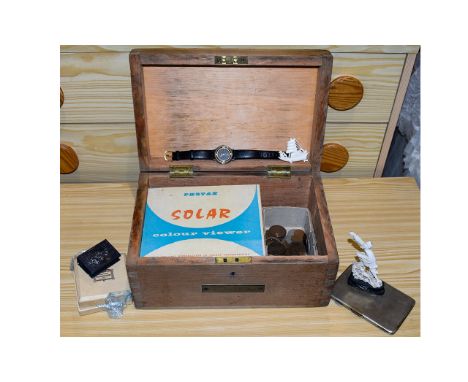 Wooden Box Containing A Variety Of Antique And Vintage Items To include small carved Chinese figure, Photax Solar Colour View