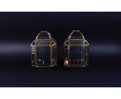 Two Modern Lantern Shaped Light Shades, Canted Corners With Coloured Glass Inserts, Antique Copper Frame