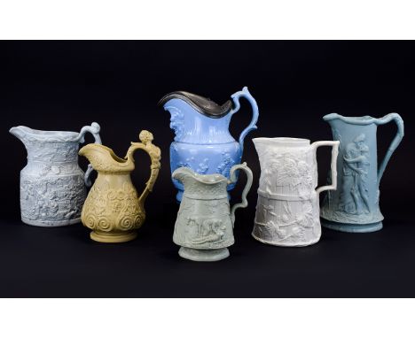 A Very Good Collection of Early Victorian Period Stoneware and Ceramic Pitchers From Various English Factories ( 6 ) In Total