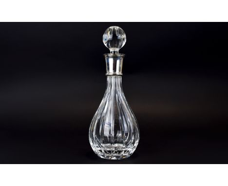 A Modern and Stylish Good Quality Silver Collared Cut Crystal Decanter. Hallmark Sheffield 2001. Maker Robert Carr. As New Co
