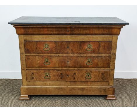 COMMODE, louis Philippe mahogany with a marble top and four drawers, 127cm W x 57cm D x 98cm H. 