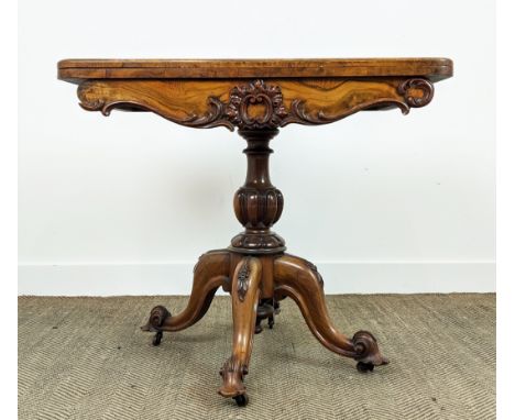 CARD TABLE, mid Victorian burr walnut, with carved detail and green velvet top, 89cm W x 44cm D x 77cm H. 