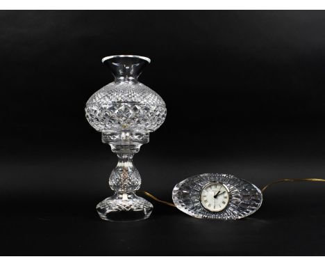 A WATERFORD GLASS TABLE LAMP, with glass shade, together with a Waterford mantel clock. (2) 