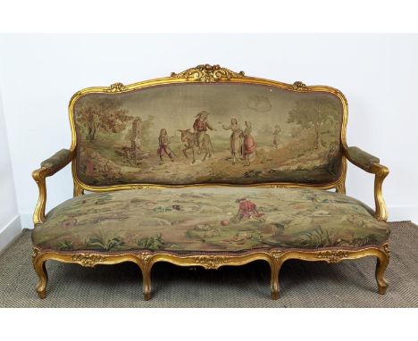 CANAPE, 19th century French with a carved gilt showframe and 18th century tapestry upholstery, 189cm W x 114cm D. 